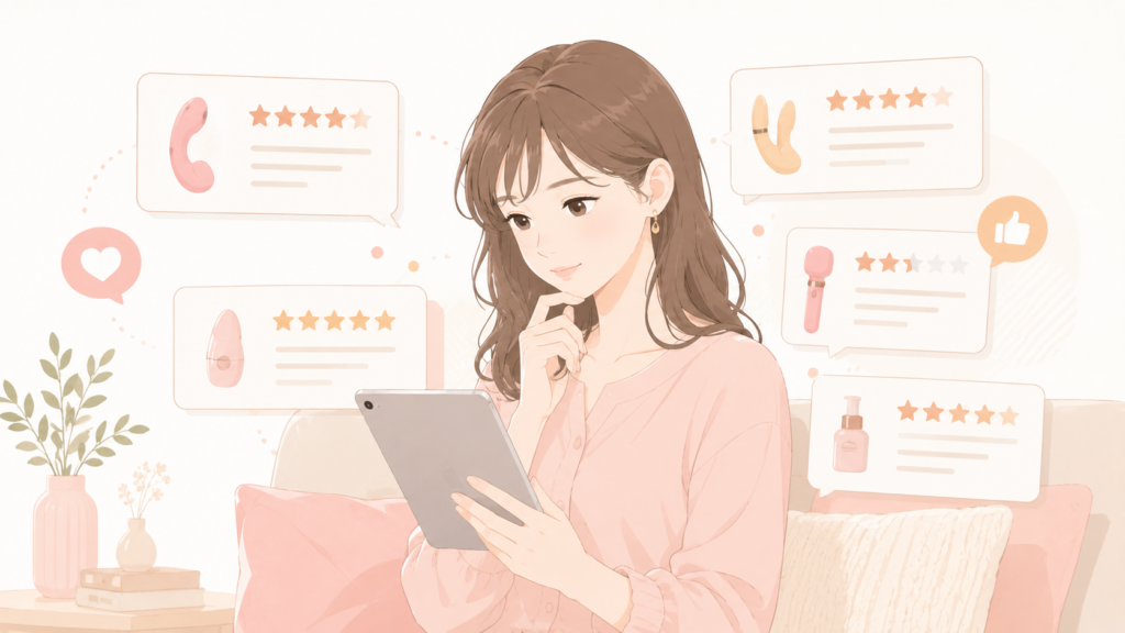 スマホやタブレットに並ぶ複数のレビューカードを、女性が比較している場面
