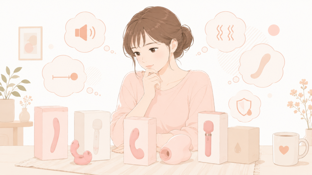女性が複数の商品候補を前にして、「強さ・音・サイズなど自分に合うか」を慎重に考えている場面