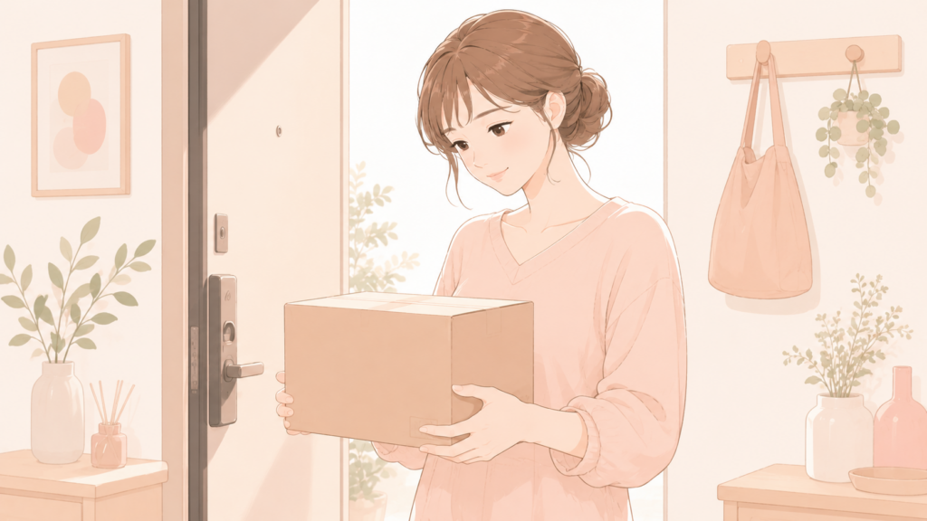 玄関または部屋で、無地の小さな段ボール箱を安心した表情で受け取る女性