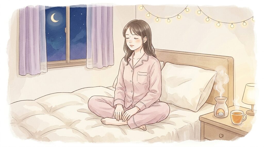 女性がベッドの上、またはラグの上で深呼吸している場面。