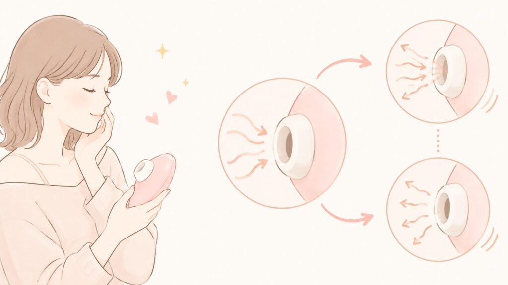 吸引口のような丸いカップ型のシルエットと、その内側で空気が「吸う・ゆるむ」と動いている様子を、やわらかな波や矢印で表現