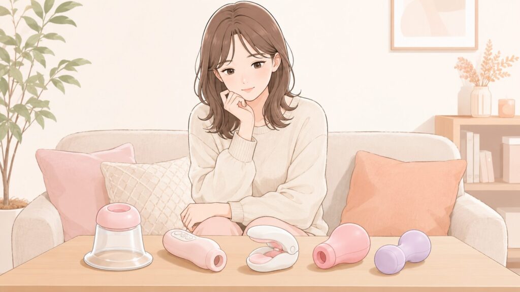 ベッドやソファに座り、いくつかのバストケアグッズを前にして、どれを選ぶか穏やかに考えている女性。