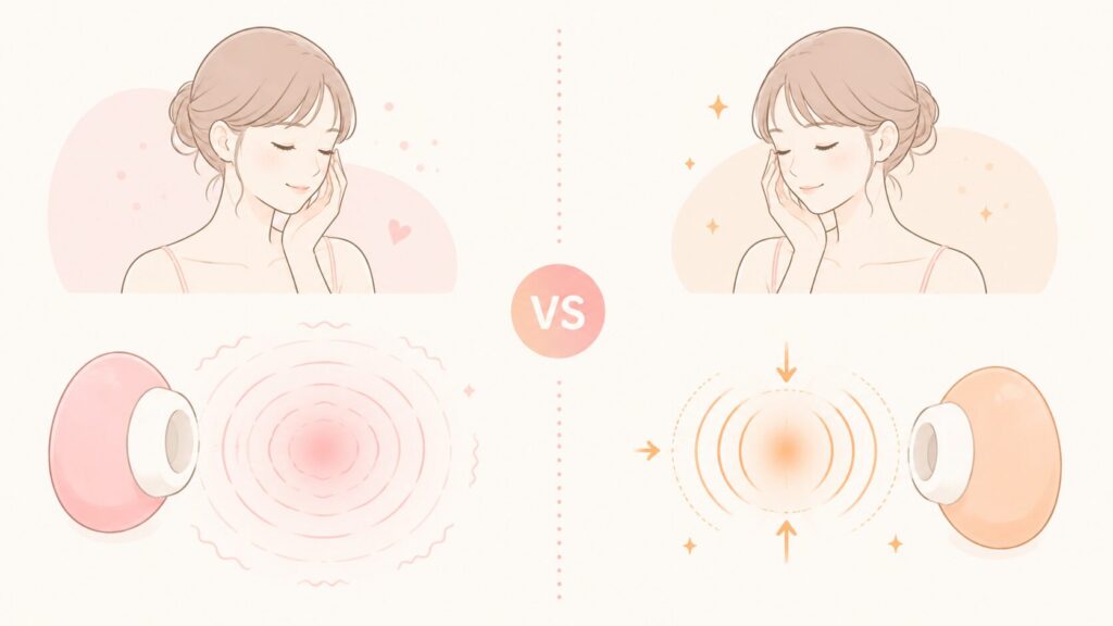左側は振動タイプとして、ひとつの点から周囲へ細かい波が広がっている様子。 右側は吸引タイプとして、小さな範囲へリズミカルな波が集まっている様子。