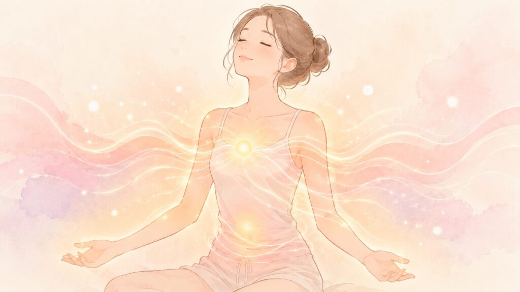 リラックスした女性の上半身を抽象的に描き、胸元から全身へやわらかな波や光が広がっている表現。