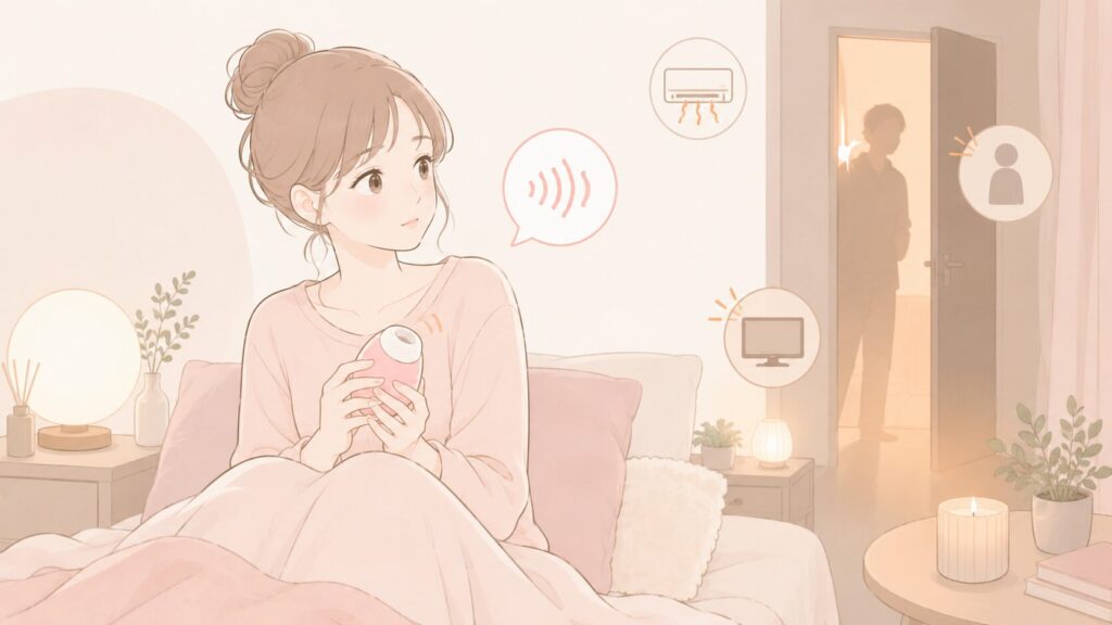 夜の部屋で、ベッドに座りながら周囲の音を少し気にしている女性