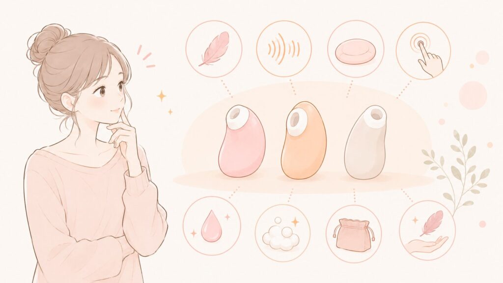 女性の前に、具体的な商品ではなく、形や特徴が少しずつ異なる3つの抽象的なアイテム