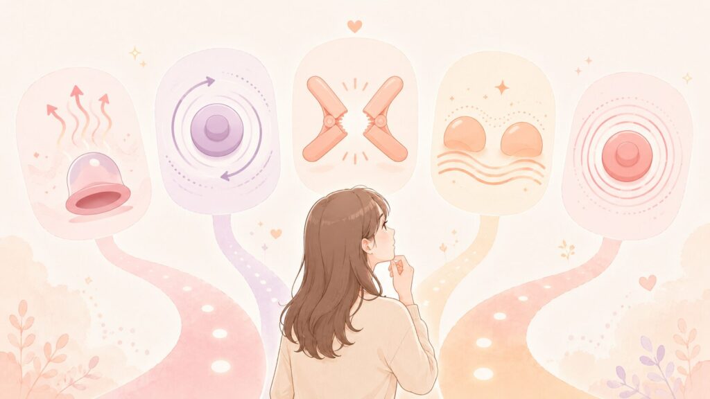 5本の分かれ道、または5つのカードを前に、自分に合うものを選んだ女性。
