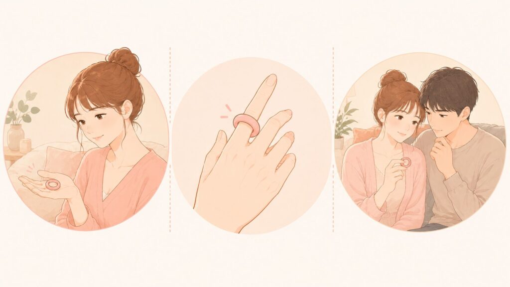 一つのアイテムを3通りに使えることを示す、3分割の説明イラスト。