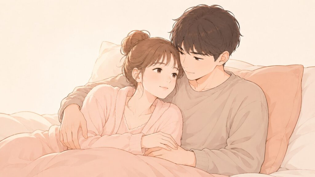 ベッドの上で抱き合うカップル。
