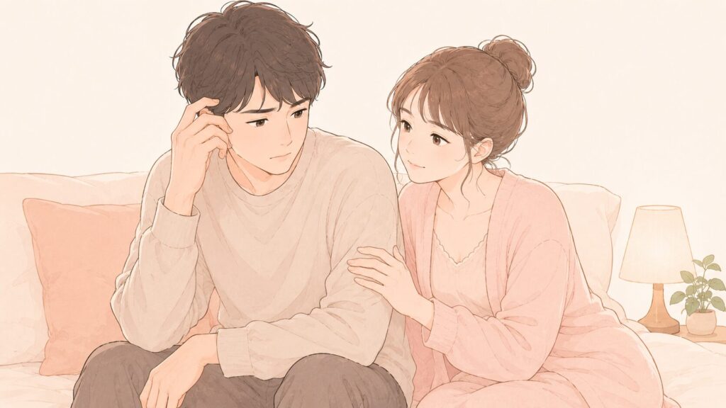 ベッドの端で少し落ち込んでいる男性と、隣でやさしく手を重ねる女性。