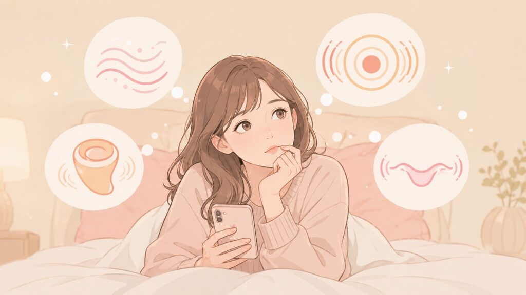 ベッドの上でスマートフォンを見ながら、どの商品を選ぶか迷っている女性。

周囲に、4つの刺激タイプを表す抽象的なアイコンを浮かべます。

やわらかな空気の波
小型の吸引カップ
外側と内側を示す二重の波
舌を直接描かず、左右に動く柔らかな曲線

商品そのものの形状は具体的に描かず、女性が「どれが私に合うのだろう」と考えている様子にします。