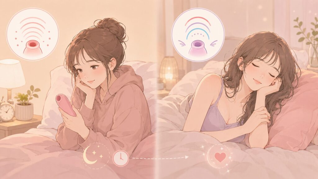 同じ女性の、二つの夜を左右で描き分けます。 左側： 寝る前 ベッドの上 小型アイテムを手に取り、短時間で気分を切り替える 時計や枕を背景に置く 右側： 時間に余裕のある夜 ゆったり横になり、刺激へ集中している 柔らかな光と落ち着いた表情 商品を具体的に描かず、左は「短時間」、右は「じっくり」を表現します。