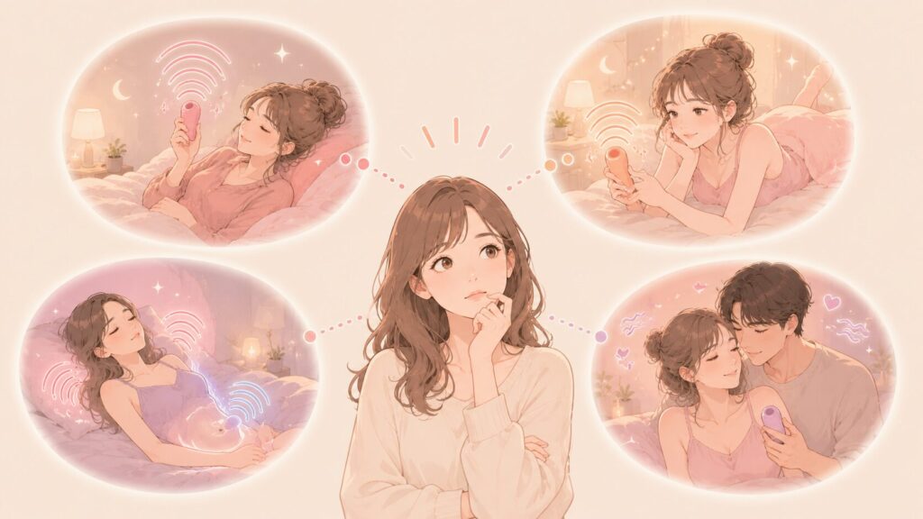 一人の女性を中央に置き、周囲に4つの夜の場面を抽象的に配置します。 一人でじっくり楽しむ夜 忙しい日に短時間で楽しむ夜 外側と内側を同時に楽しむ夜 パートナーと新しい刺激を楽しむ夜 女性がその日の気分に合わせて、4方向から一つを選ぼうとしている構図です。