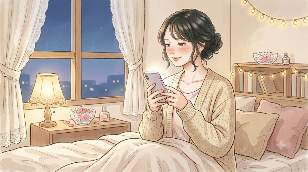 スマホを手に持ち、少し恥ずかしそうに画面を見つめる女性。