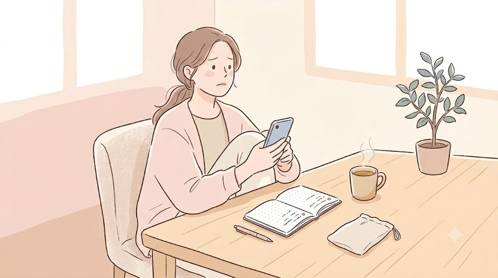 女性がスマホを見ながら少し迷っている雰囲気。