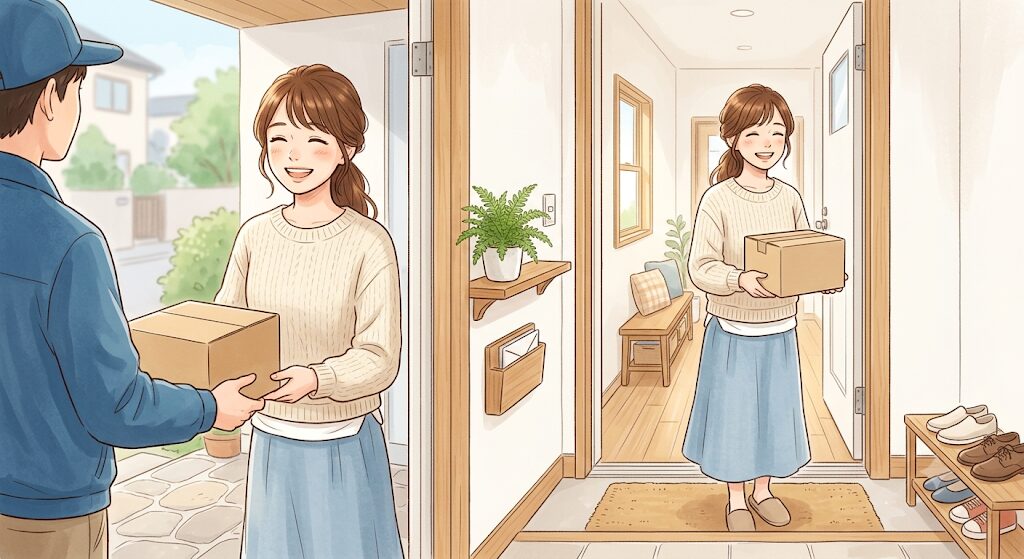 無地の段ボールを受け取って安心している女性のイラスト