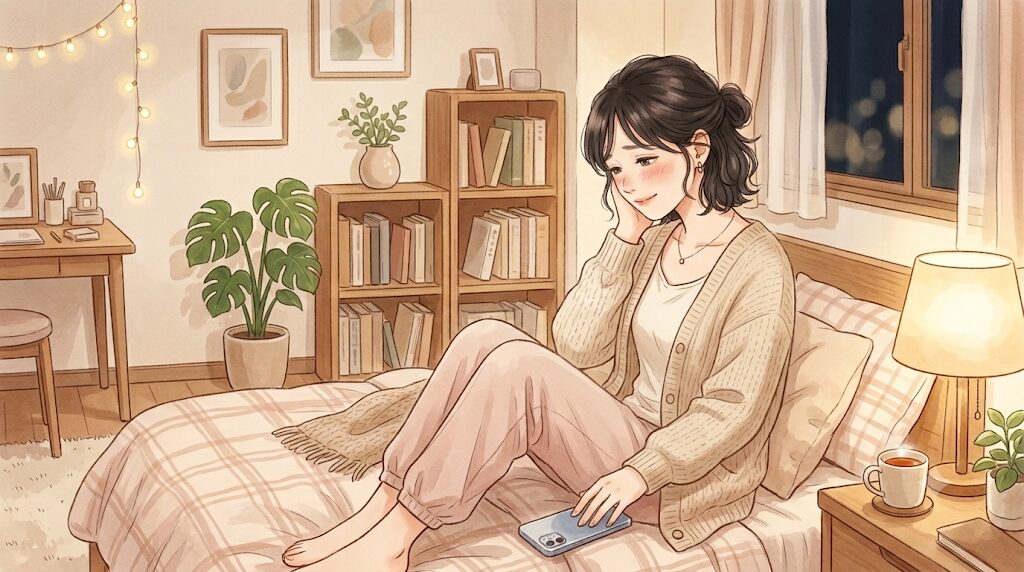 女性がスマホを閉じて、少しホッとした表情をしている。