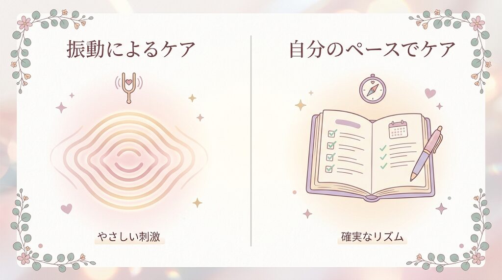左に「振動をイメージする波線」、右に「自分のペースを表す手元のノートやチェックマーク」