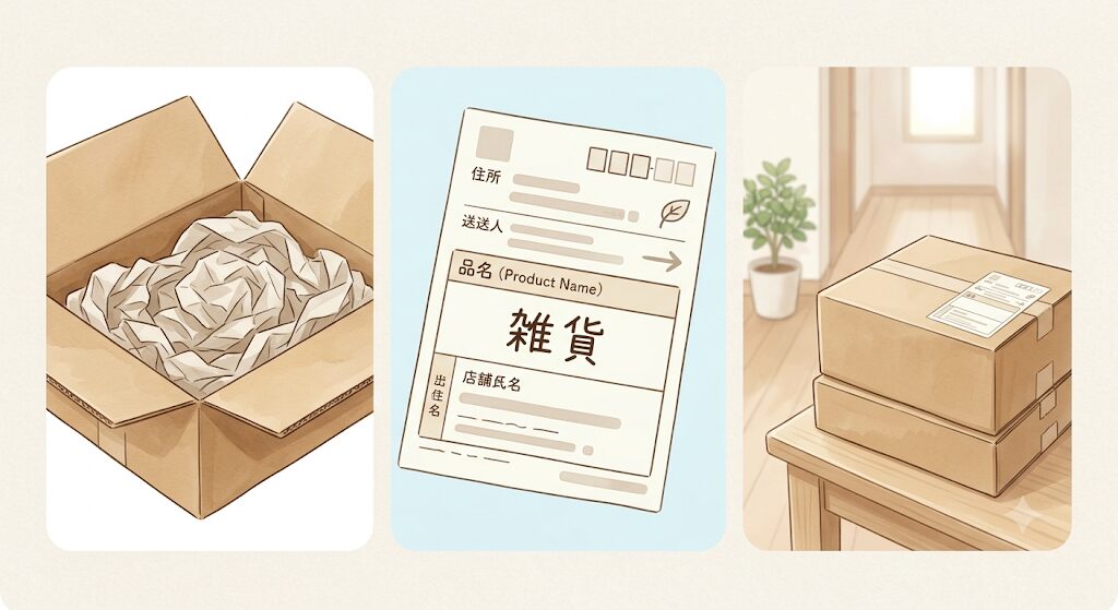 無地段ボール・緩衝材・品名配慮をまとめた図解