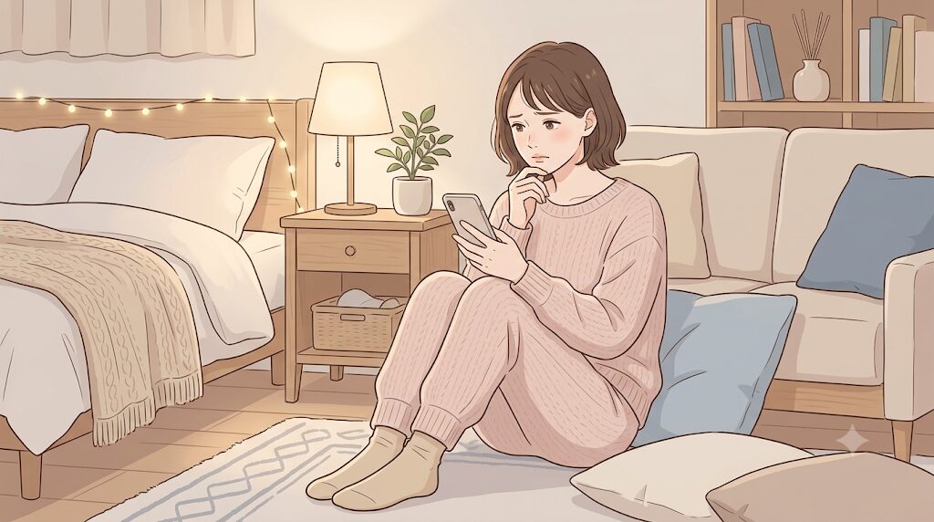 女性がスマホを見ながら少し悩んでいる。