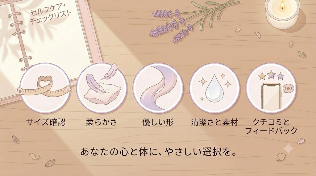 5つの丸いアイコン。 「小さめ・細め」「やわらかい素材」「なめらかな形」「清潔」「口コミ確認」を表す。