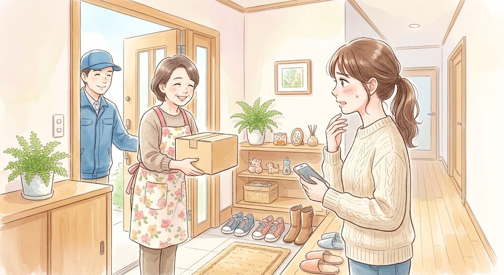 玄関で家族が荷物を受け取り、本人が焦っているイラスト