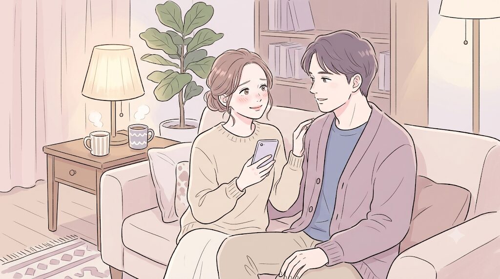 スマホを見せながら話すカップル