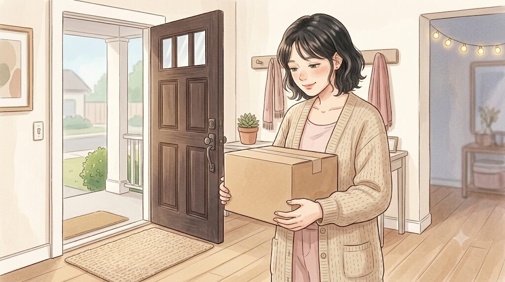 女性が安心した表情で受け取っている。