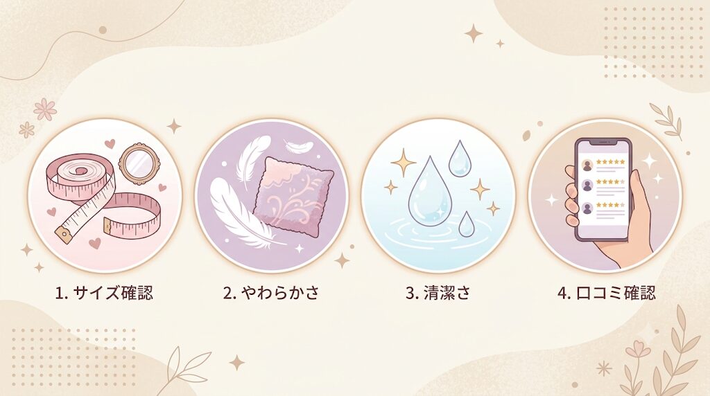 「サイズ」「やわらかさ」「清潔」「口コミ」を示す4つのアイコン