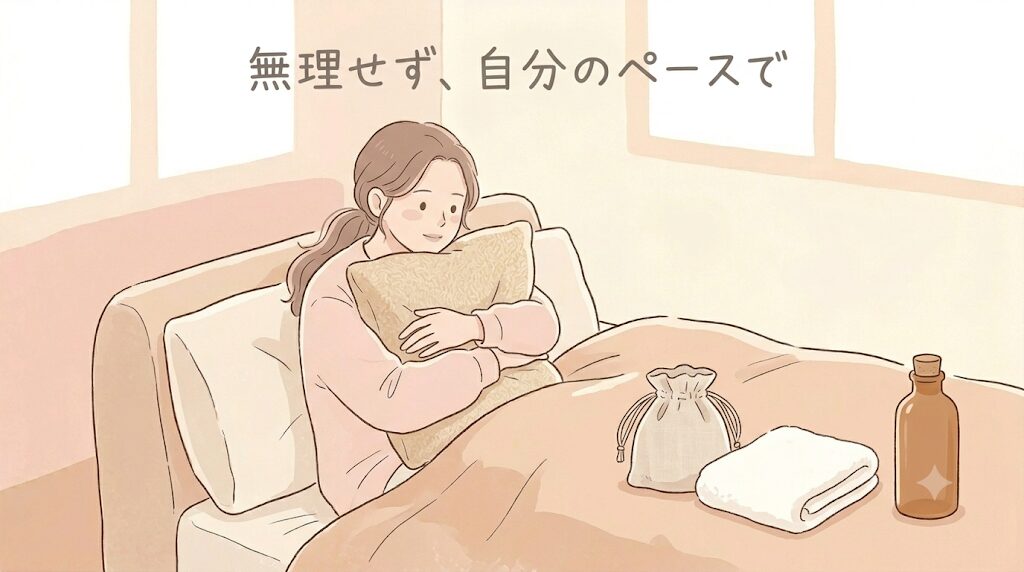 女性がクッションを抱えてリラックスしている。
