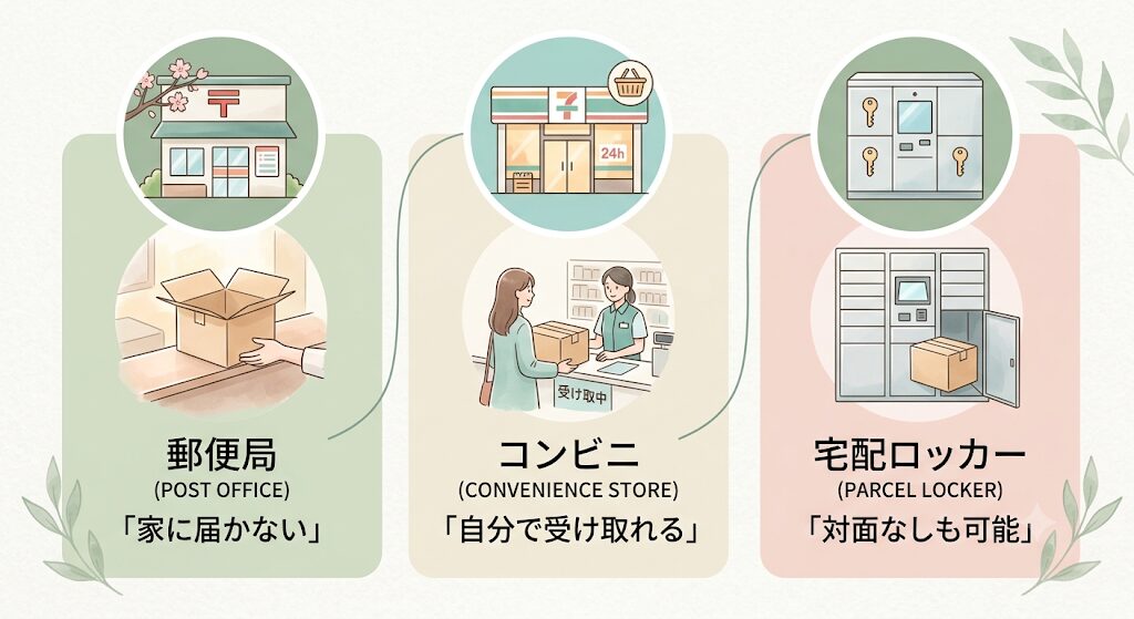 郵便局・コンビニ・宅配ロッカーの3つを並べた図解