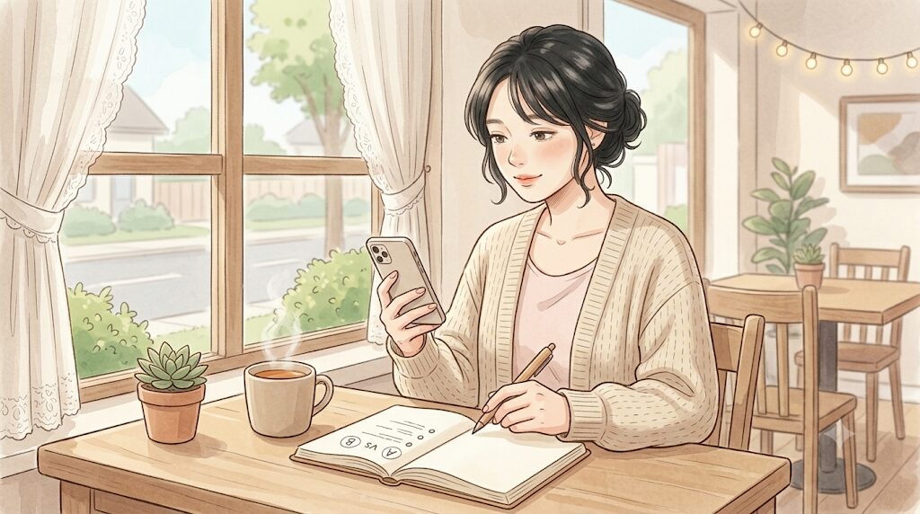 女性がカフェ風の机でノートを開き、スマホを見ながらゆっくり考えている。