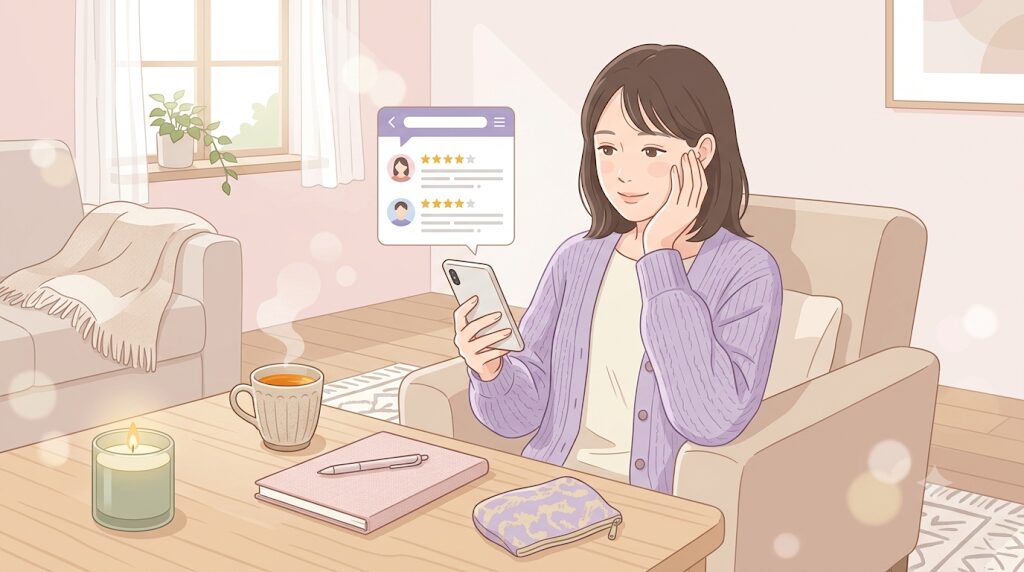 女性がスマホでレビューを見て、少し安心している
