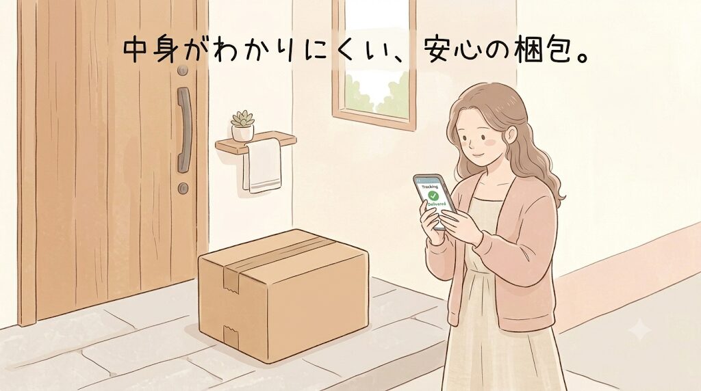 無地の段ボール、玄関、スマホで配送確認する女性。