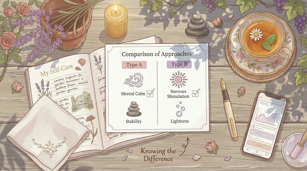 スマホ画面やノートに、複数の選択肢を比較している抽象イラスト。