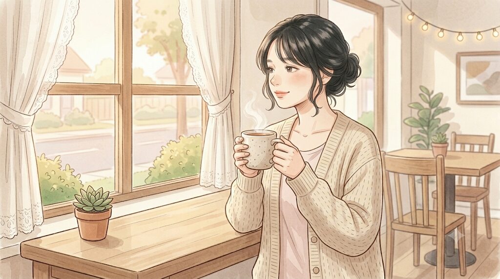女性が窓辺であたたかい飲み物を持ち、少し穏やかな表情で外を見ている。