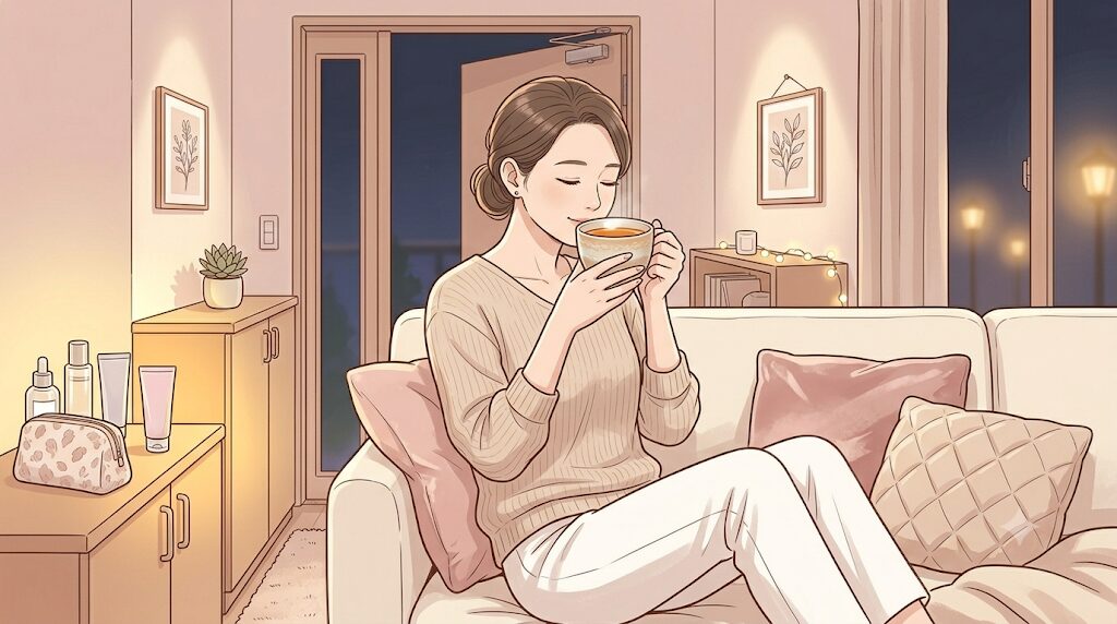 夜の部屋で、女性がリラックスしてお茶を飲んでいる。