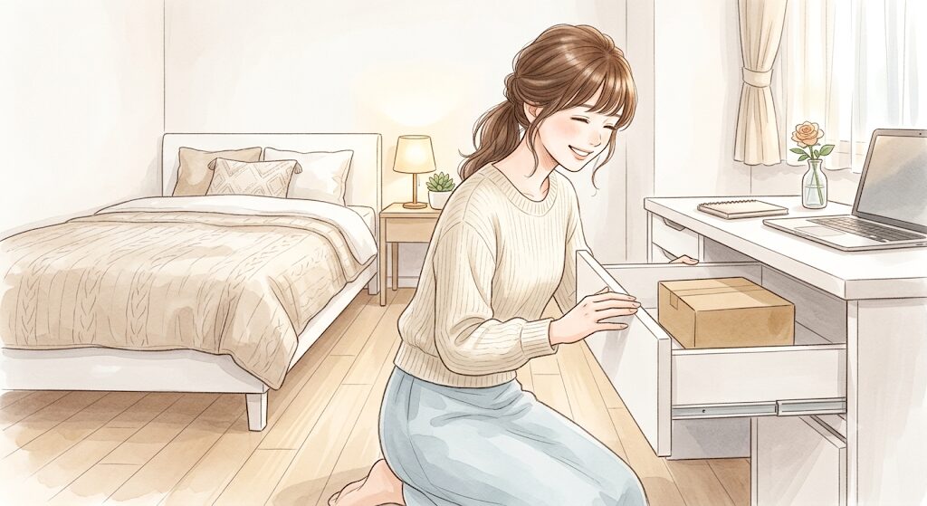 自分の部屋で安心して荷物をしまう女性のイラスト