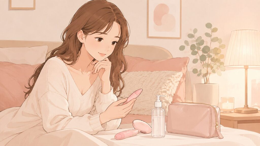 落ち着いた表情の女性が、ベッドやソファでセルフケアの時間を過ごしている場面