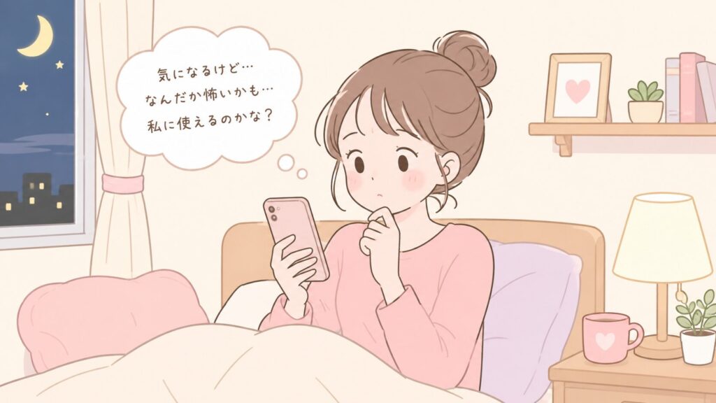 夜の部屋で、スマホを見ながら少し不安そうにしている女性。