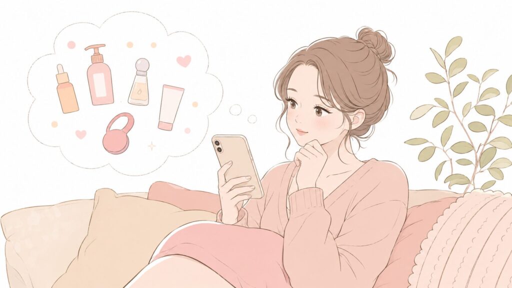ベッドやソファに座った女性が、スマートフォンで大人向けアイテムを見ながら、少し迷っている様子