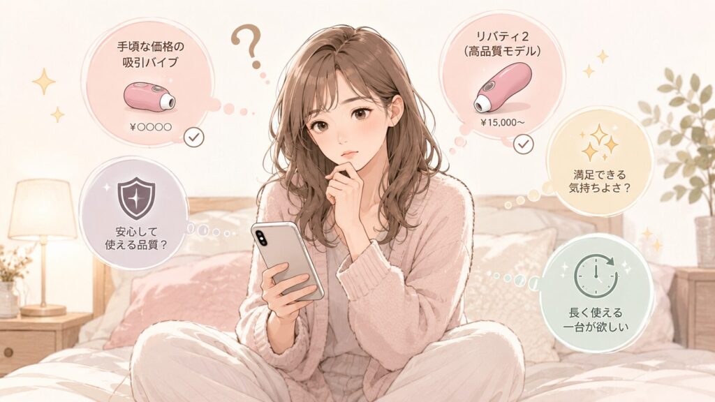 ベッドやソファでスマートフォンを見ながら、購入を迷っている女性。