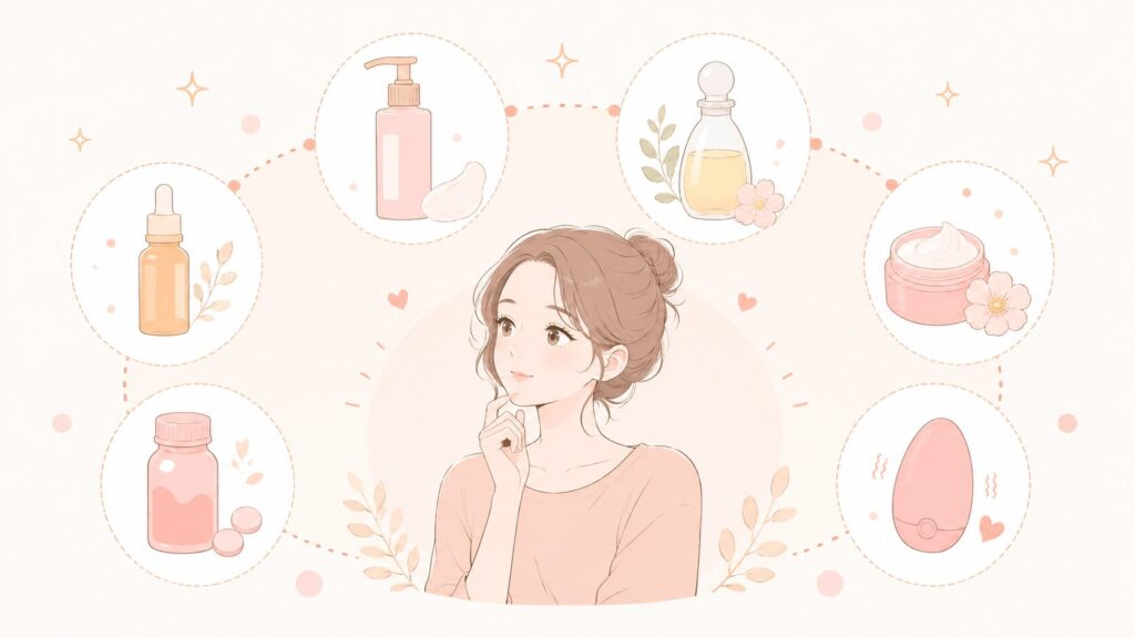 6種類のライトなアイテムを、横並びまたは円形に配置したイラスト