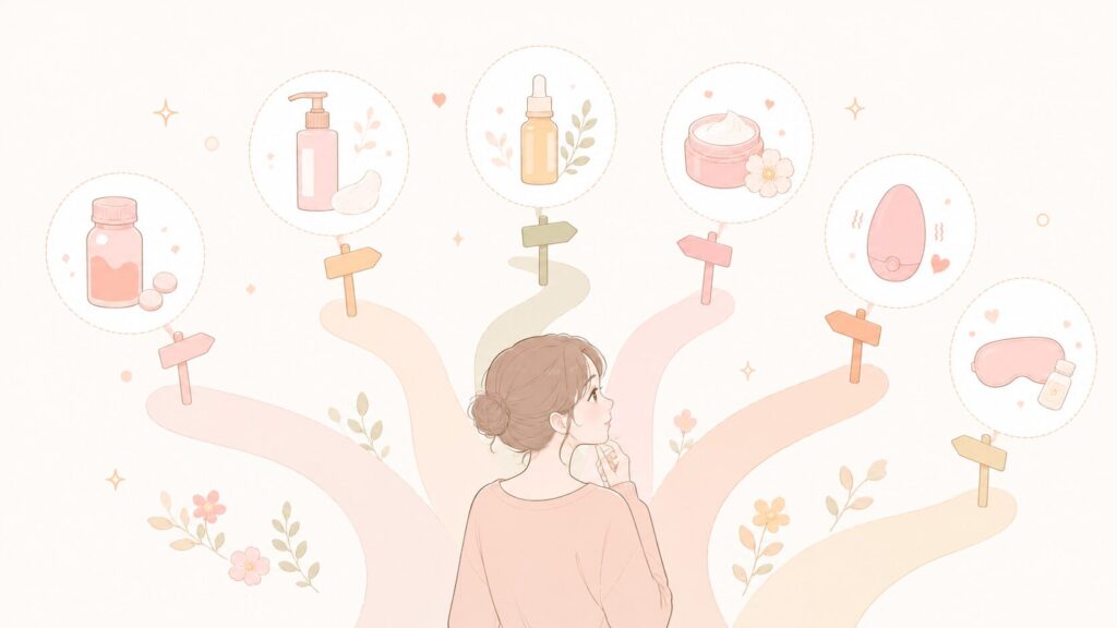 女性が分かれ道の前に立ち、それぞれの道に異なるアイテムが描かれているイラスト