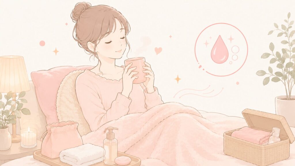 ブランケットをかけてリラックスしている女性と、そばに温かい飲み物やポーチ