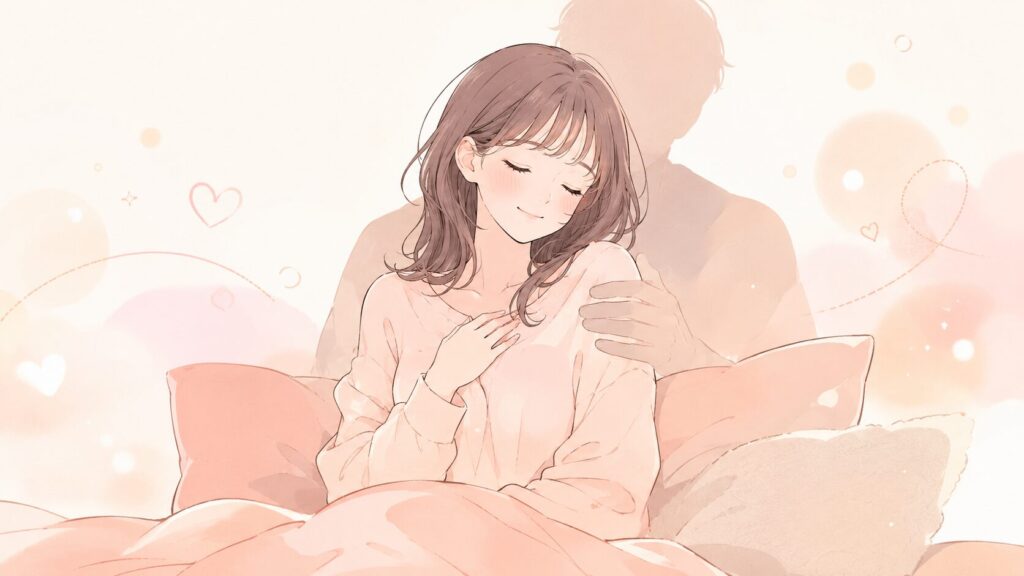 ベッドやソファで一人ゆっくり過ごしている女性が、胸元に手を添えながら、好きな人に抱きしめられる場面をぼんやり想像している様子