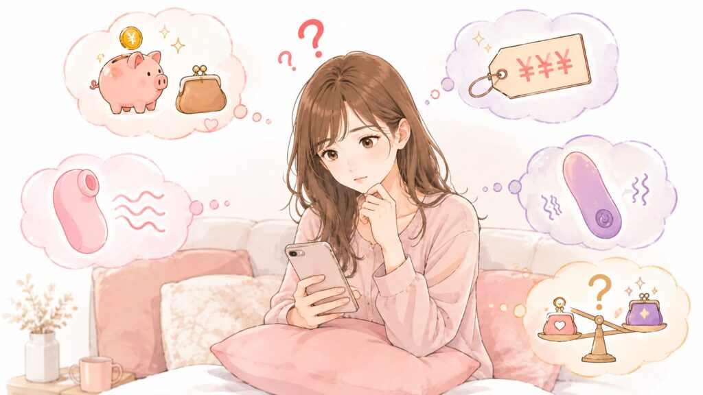 ベッドやソファでスマートフォンを見ながら、購入を迷っている女性