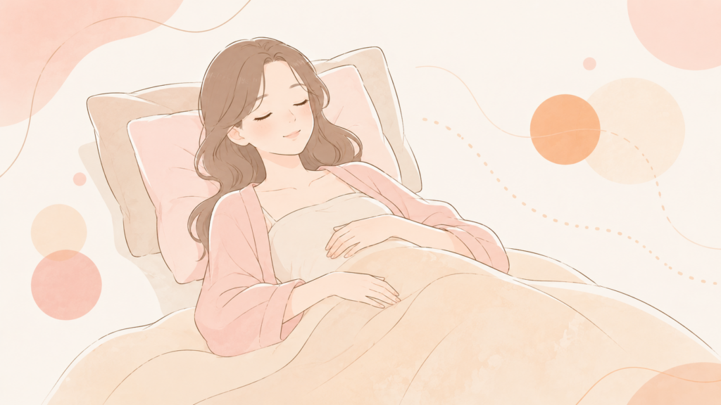 女性が仰向けでリラックスしながら、胸元に抽象化したカップ状アイテムを軽く置いている場面