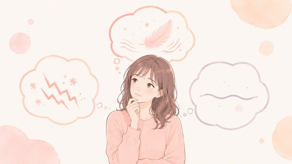 一人の女性の周りに、3つの抽象的な感覚をアイコンで配置 くすぐったい:細かなふわふわした線 痛い:小さな鋭い波形 何も感じない:薄く消えかけた円や波 女性は困りすぎた表情ではなく、「どれが自分に近いかな」と考えている穏やかな表情